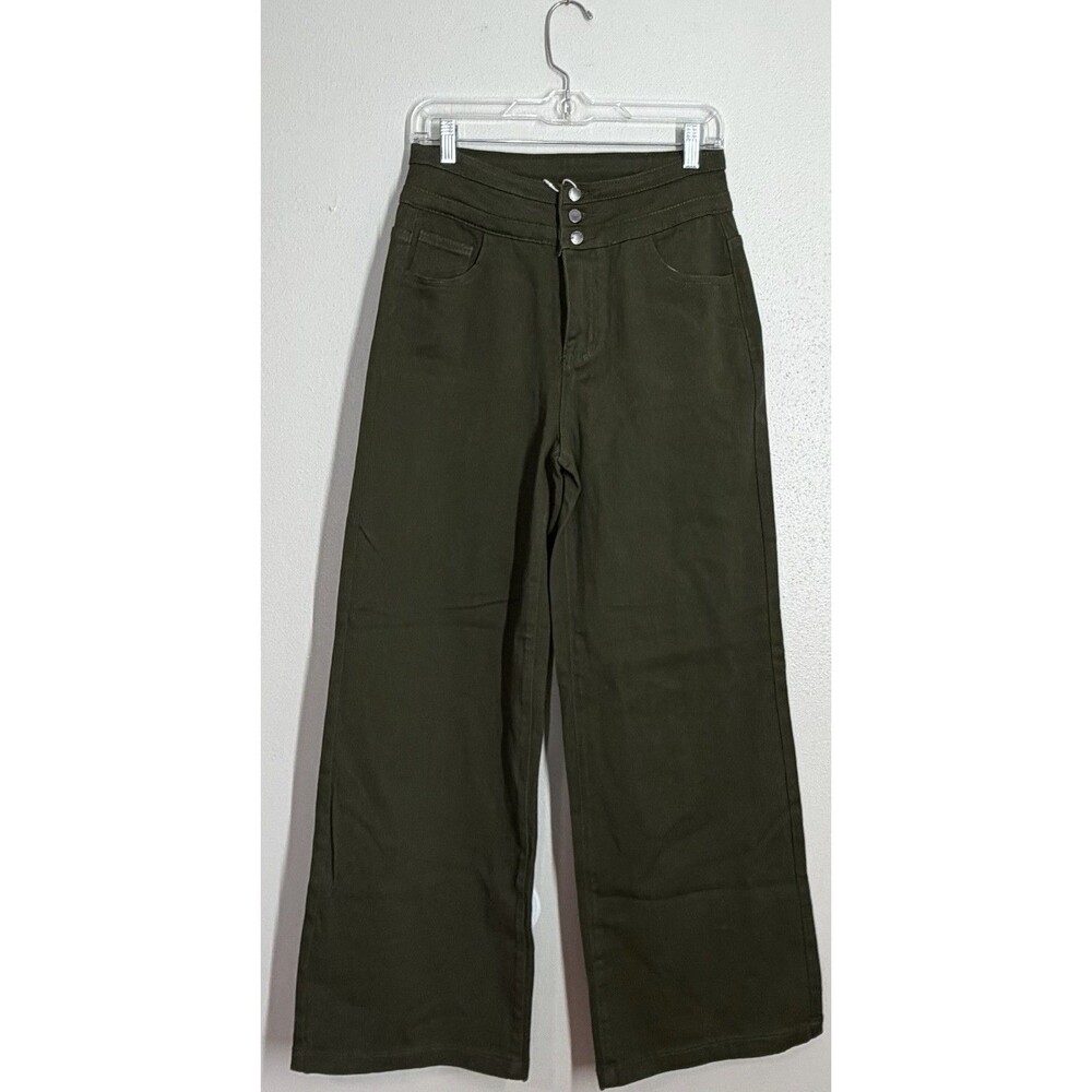 Roswear Olive Green Wide Leg Jeans Triple Button Low Rise Stretch Denim M NWT